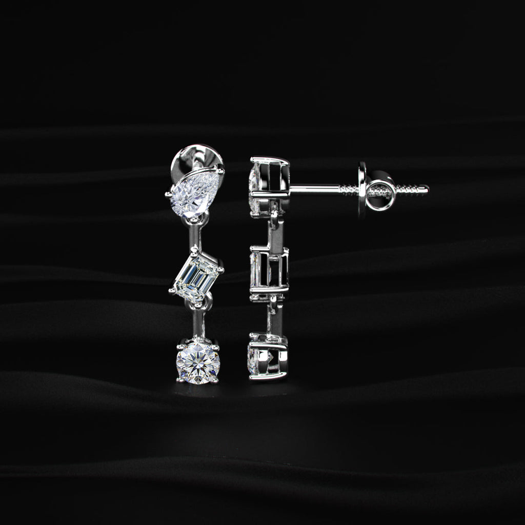 Three Stone Multi Shape Diamond Drop Earrings