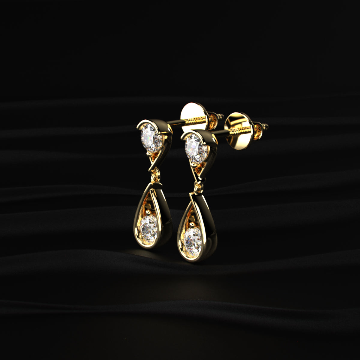 Round Diamond Two Tier Tear Drop Earrings