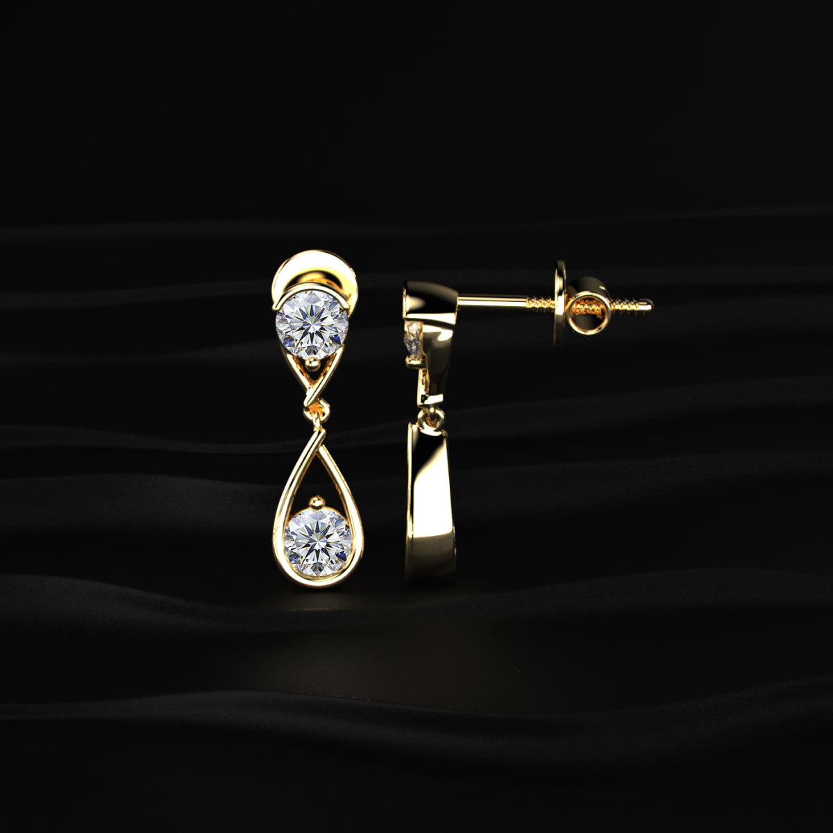 Round Diamond Two Tier Tear Drop Earrings