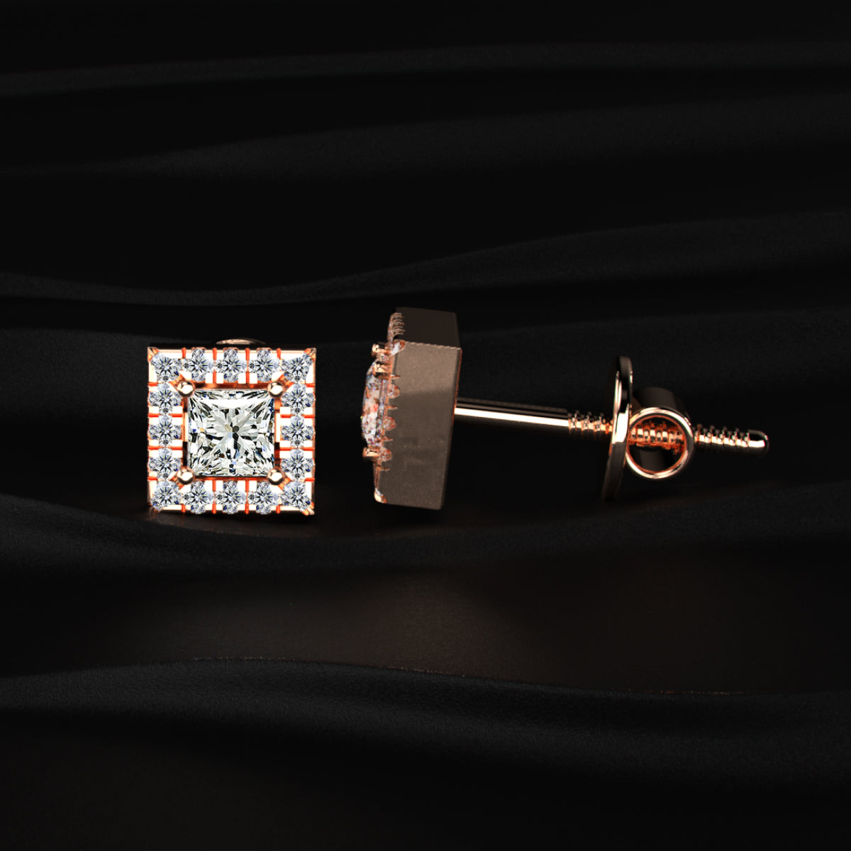 Princess Cut Halo Diamond Earrings