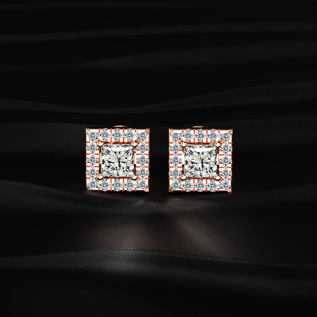 Princess Cut Halo Diamond Earrings