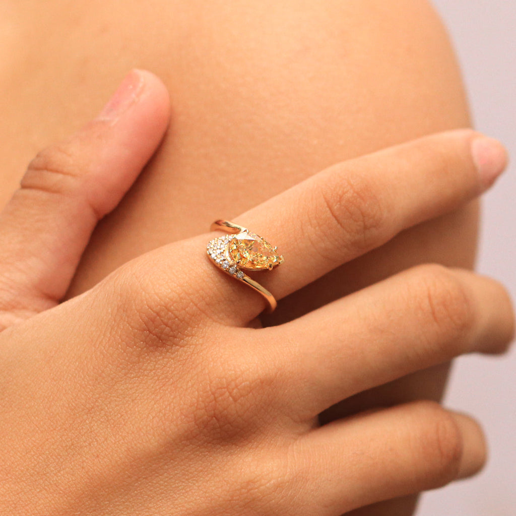 Yellow Pear Shaped Engagement Ring Wave Band
