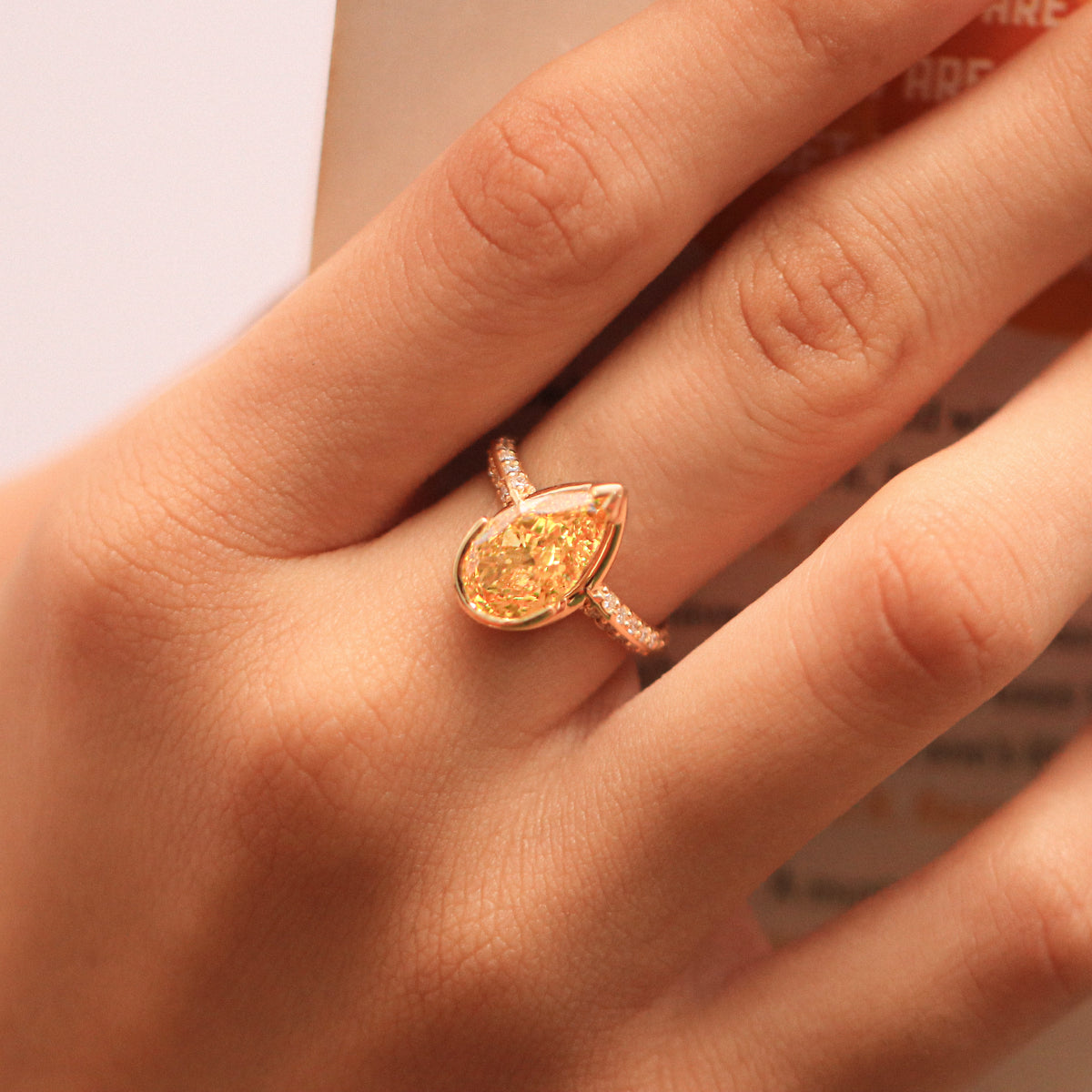 Yellow Pear Diamond Half Bezel Pave Ring