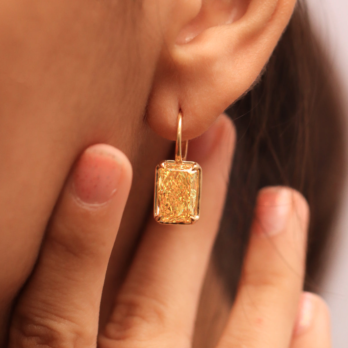 4Ct Radiant Cut Yellow Diamond Solitaire Leverback Earrings