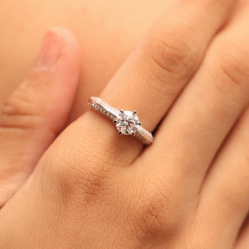 Round Solitaire Engagement Milgrain Pave Band