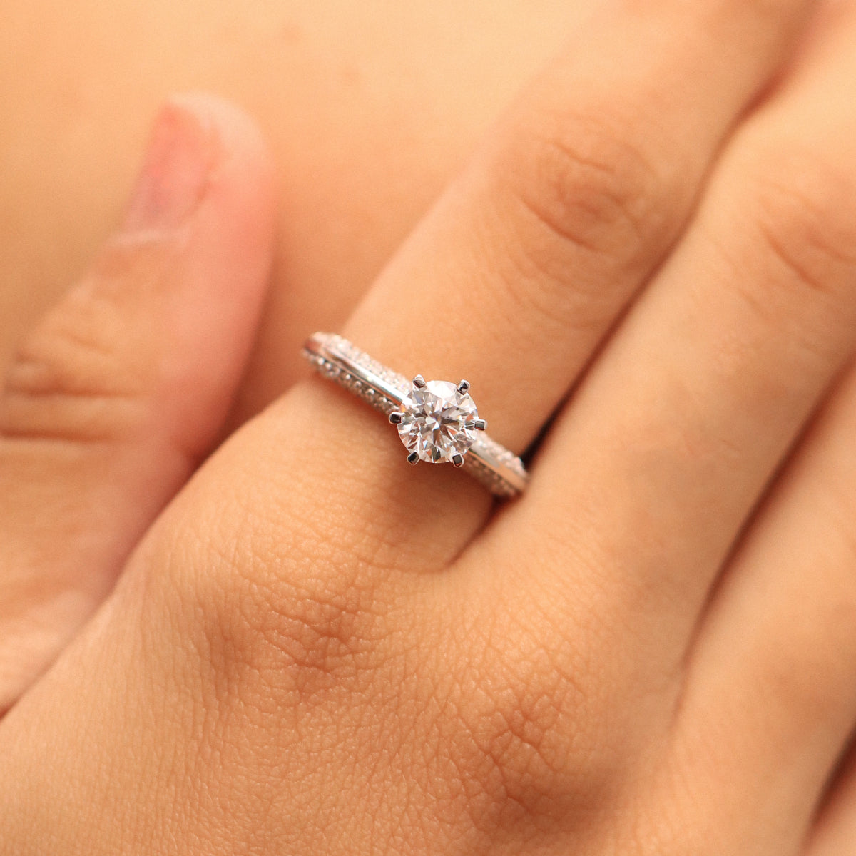 Round Solitaire Engagement Milgrain Pave Band